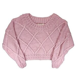 VTG Unionbay Sweater Women M Pink Hand Knitted Cropped Diamond Cable Knit Bobble